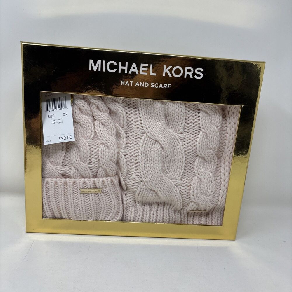 Michael Kors 2-Piece Set Hat/Scarf One Size Cable Knit Light Pink Stocking Cap